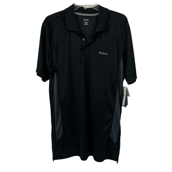 Reebok Playdry Men’s Polo Shirt Sz Large Black/Gray Short Sleeve 3 Button Front - Picture 1 of 11